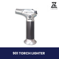 Refillable 901 butane torch lighter in silver and black.