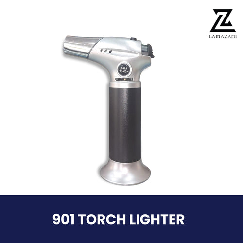 Refillable 901 butane torch lighter in silver and black.