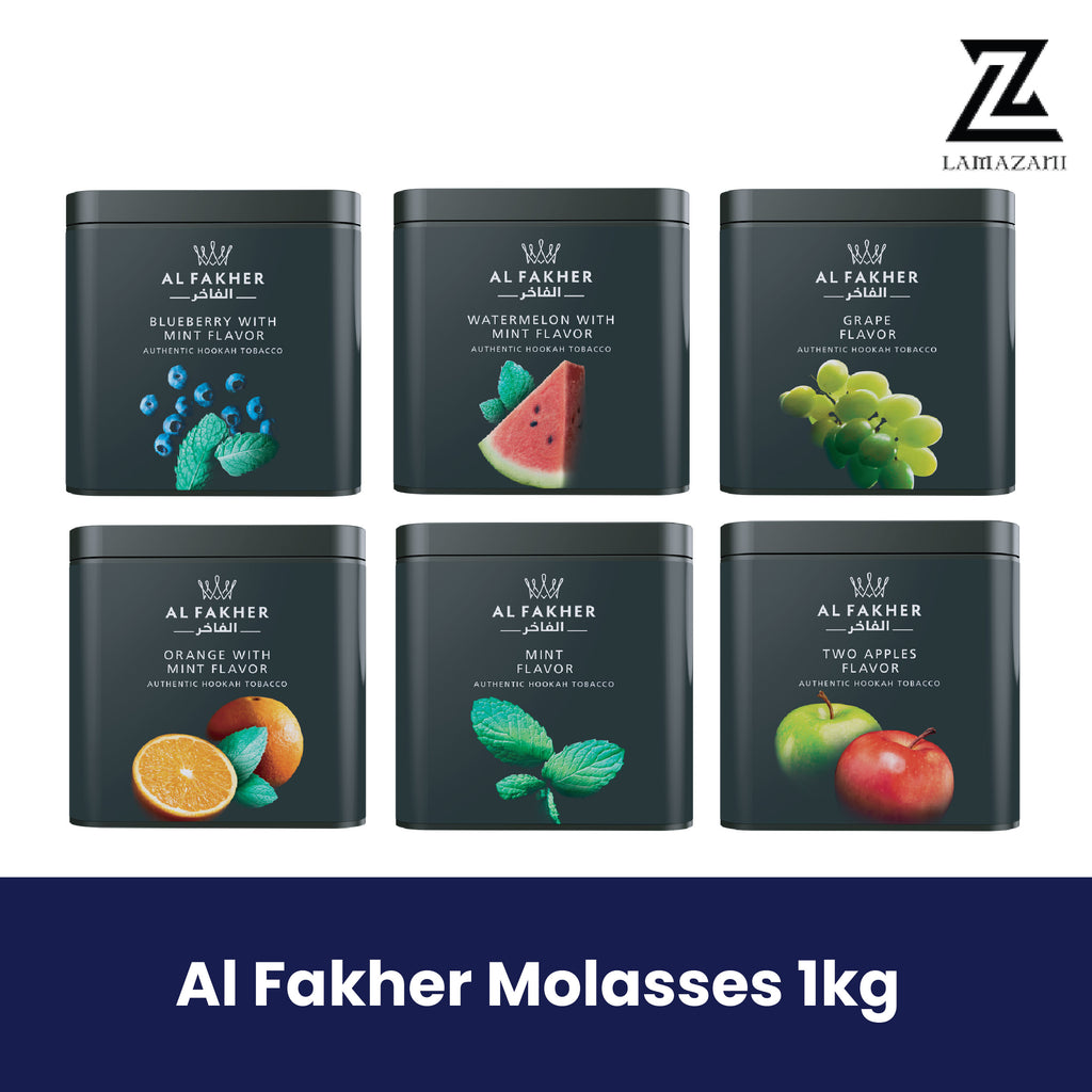Al Fakher 1kg hookah molasses in six popular fruit flavors.