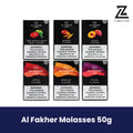Al Fakher 50g hookah molasses boxes in assorted fruit flavors.