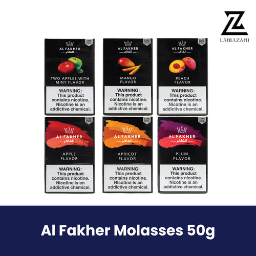 Al Fakher 50g hookah molasses boxes in assorted fruit flavors.