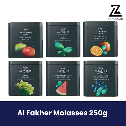 Al Fakher 250g hookah tobacco tins in assorted fruit flavors.