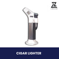 Angled neck cigar torch lighter in silver and black.