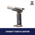 Honest Torch Lighter in silver and black with safety lock and adjustable flame.

