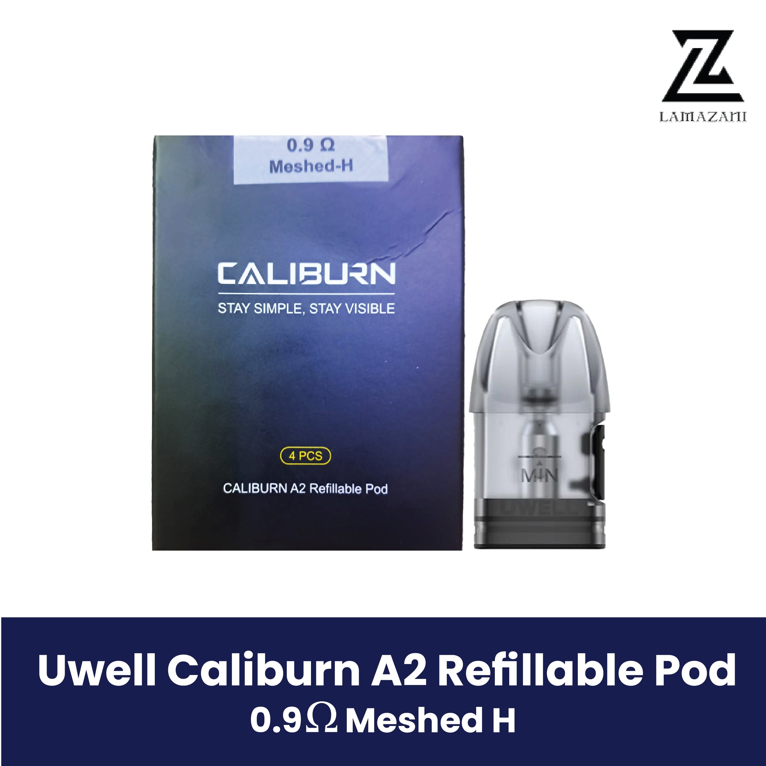 Uwell Caliburn A2 Refillable Pod 0.9-ohm Meshed-H packaging and single pod.