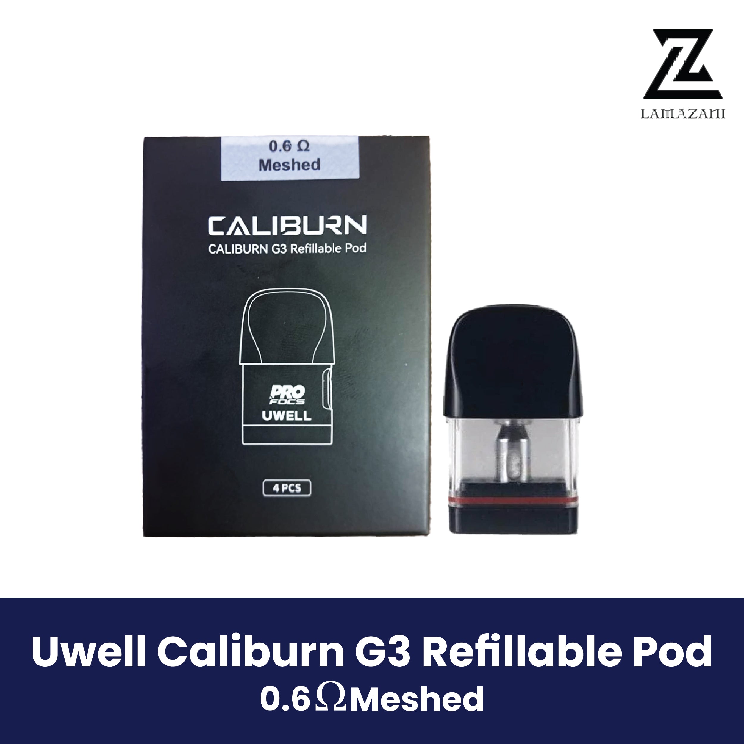 Uwell Caliburn G3 0.6Ω Meshed refillable pod and 4-pack box.