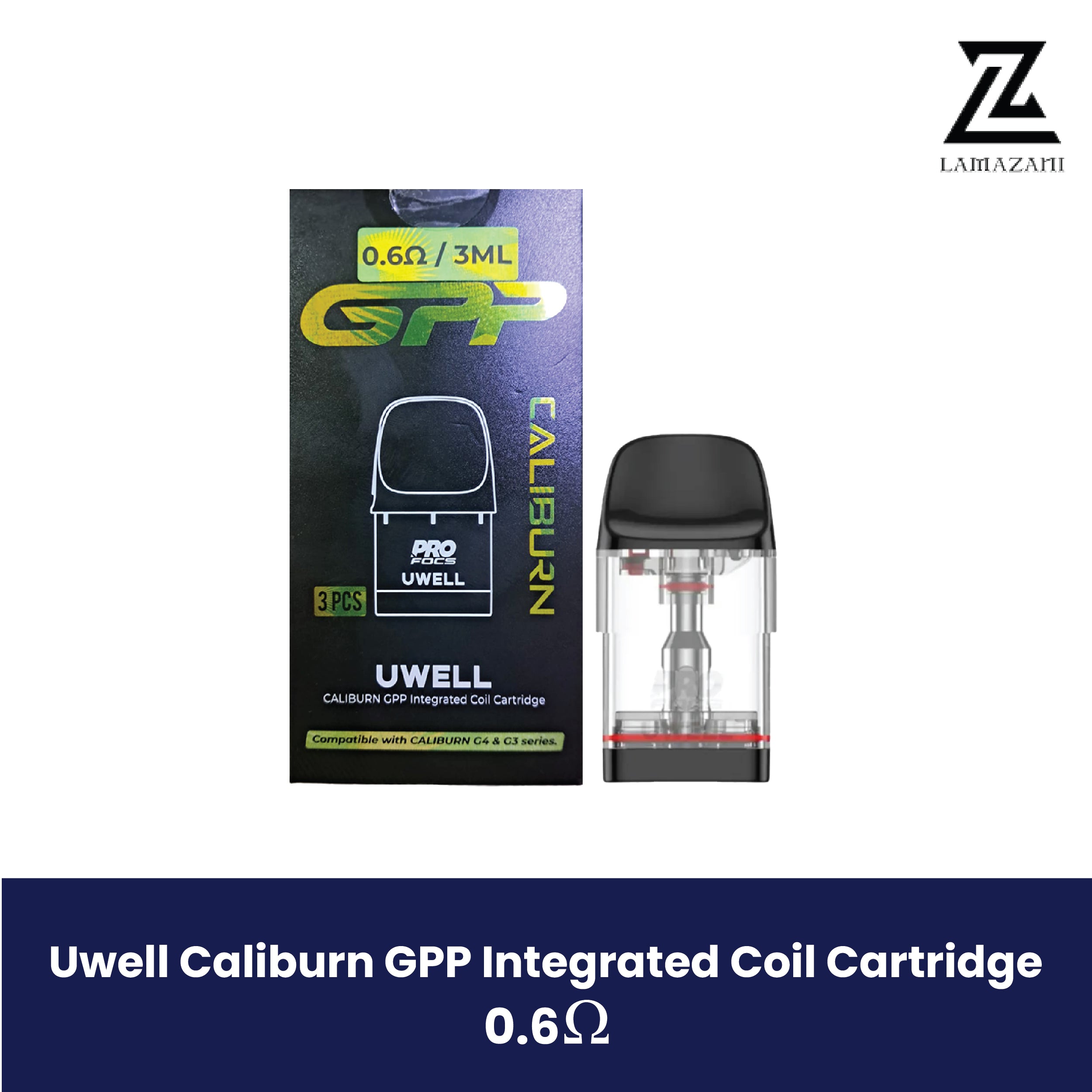 Uwell Caliburn GPP 0.6Ω refillable pod and its 3-piece retail packaging.