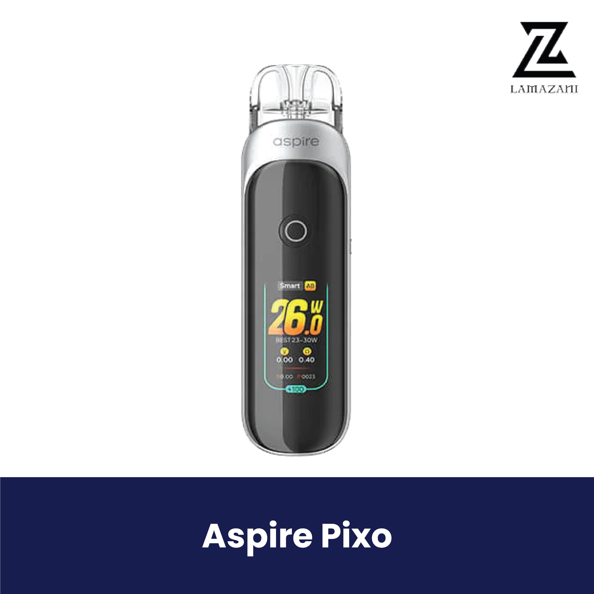 Silver and black Aspire Pixo vape device with a digital screen.