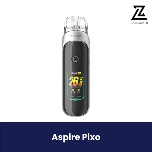 Silver and black Aspire Pixo vape device with a digital screen.