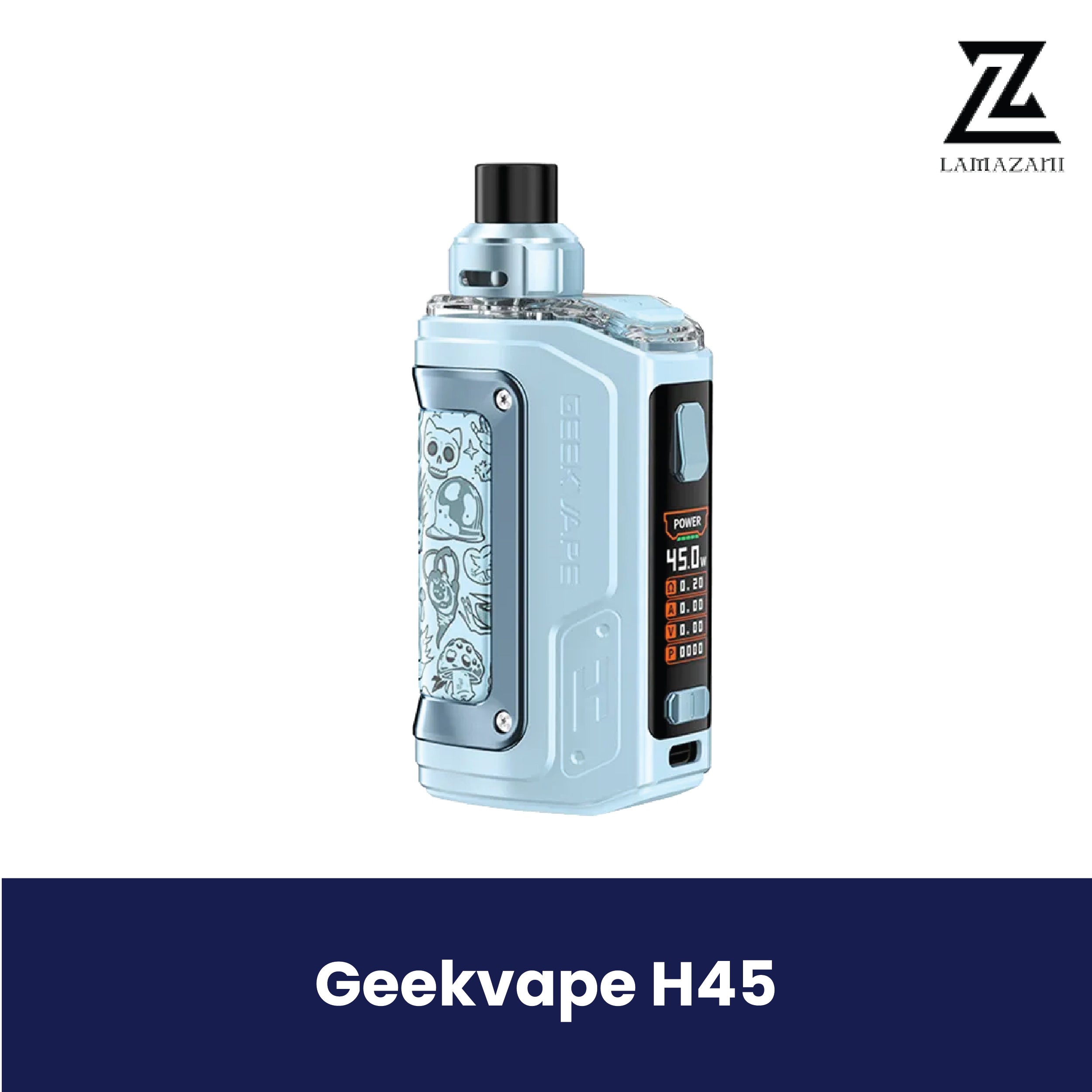 Light blue Geekvape H45 vape pod mod with a digital display.