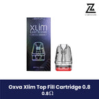 OXVA Xlim 0.8-ohm Top Fill Cartridge and box.