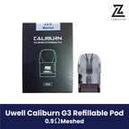 Uwell Caliburn G3 0.9Ω Meshed refillable pod and 4-pack box.