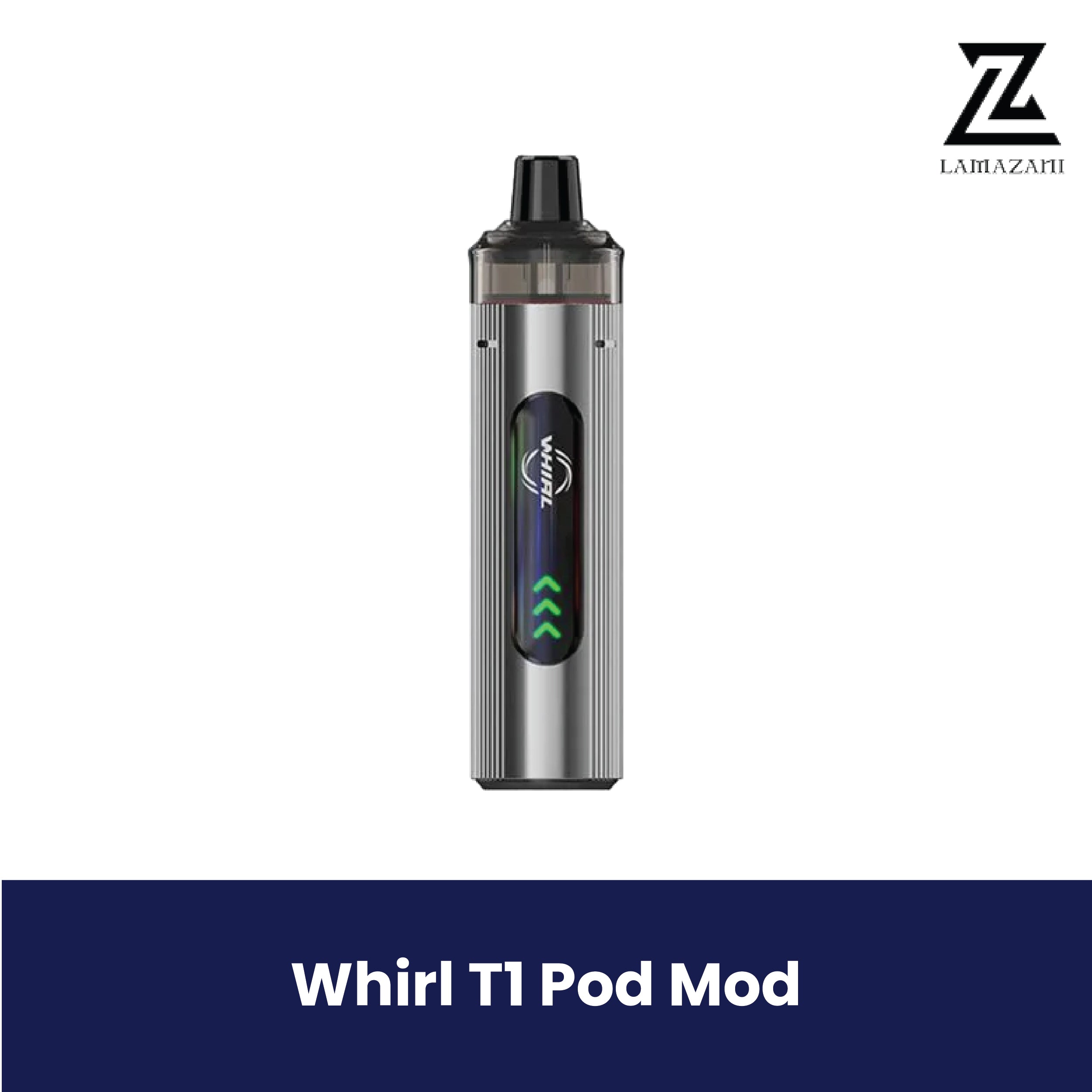 Uwell Whirl T1 Pod Mod vape in silver with LED display.