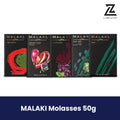 Malaki 50g premium hookah molasses in assorted fruit flavors.