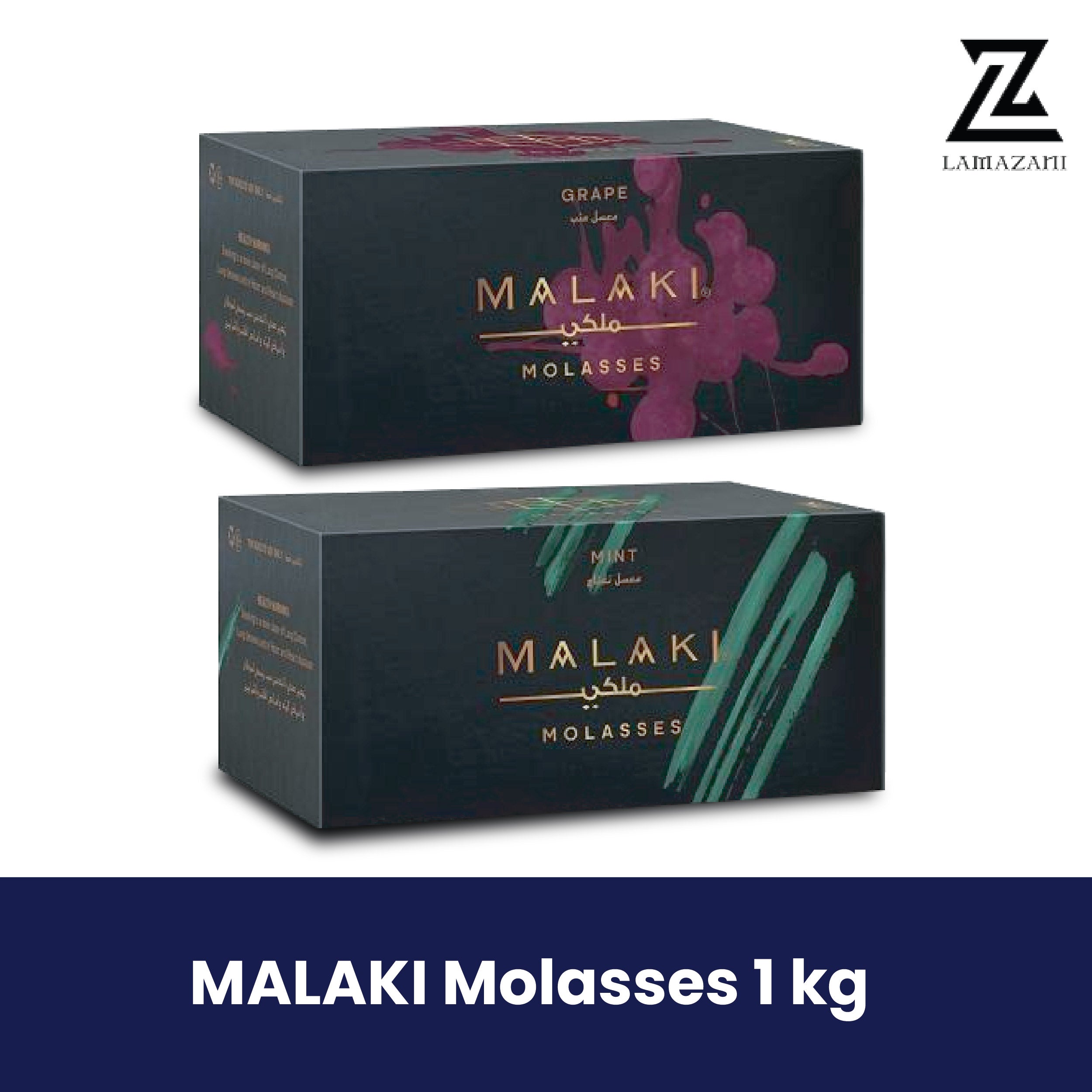 Malaki 1kg premium hookah molasses in Grape and Mint flavors.