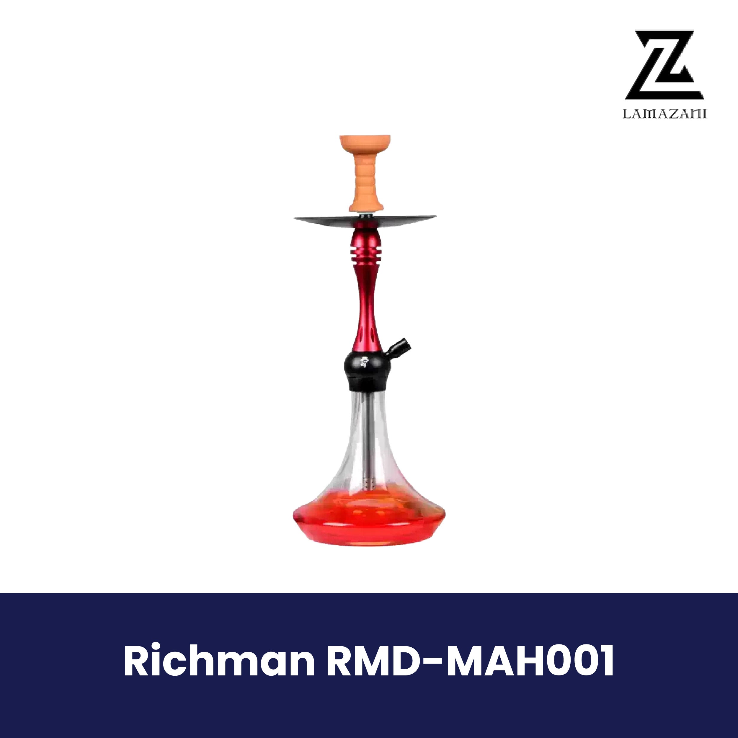 Red Richman RMD-MAH001 hookah with a red stem, clay bowl, and red-tinted glass base on a branded Lamazani background.