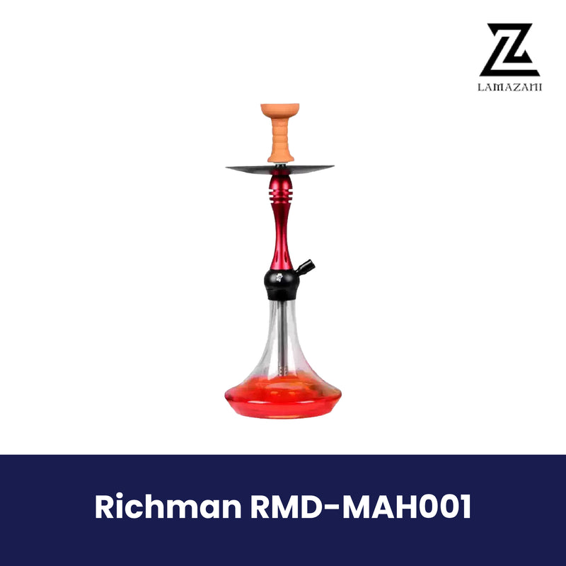 Red Richman RMD-MAH001 hookah with a red stem, clay bowl, and red-tinted glass base on a branded Lamazani background.