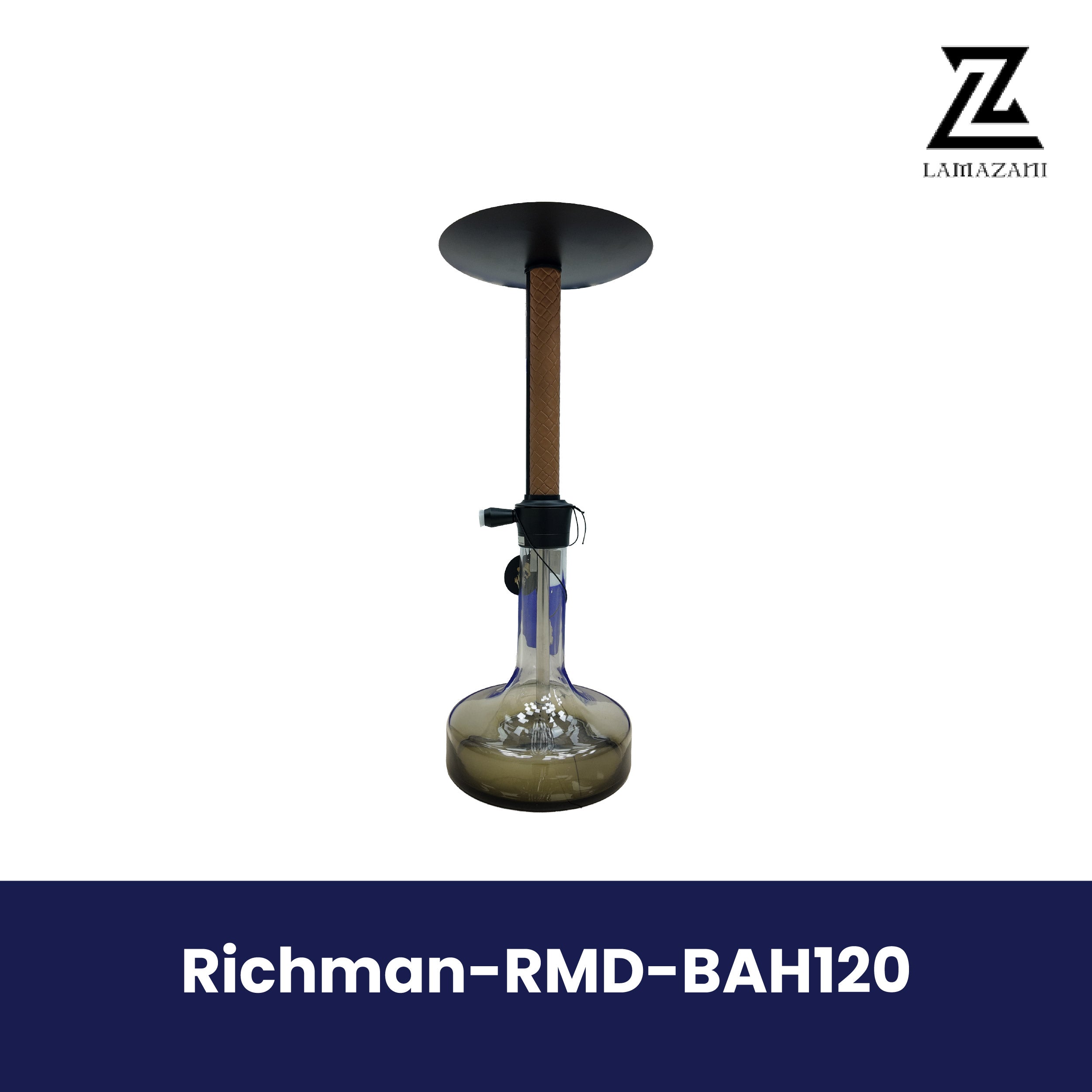 Richman-RMD-BAH120 hookah with a brown textured stem and a clear glass base, featured on a Lamazani branded product image.