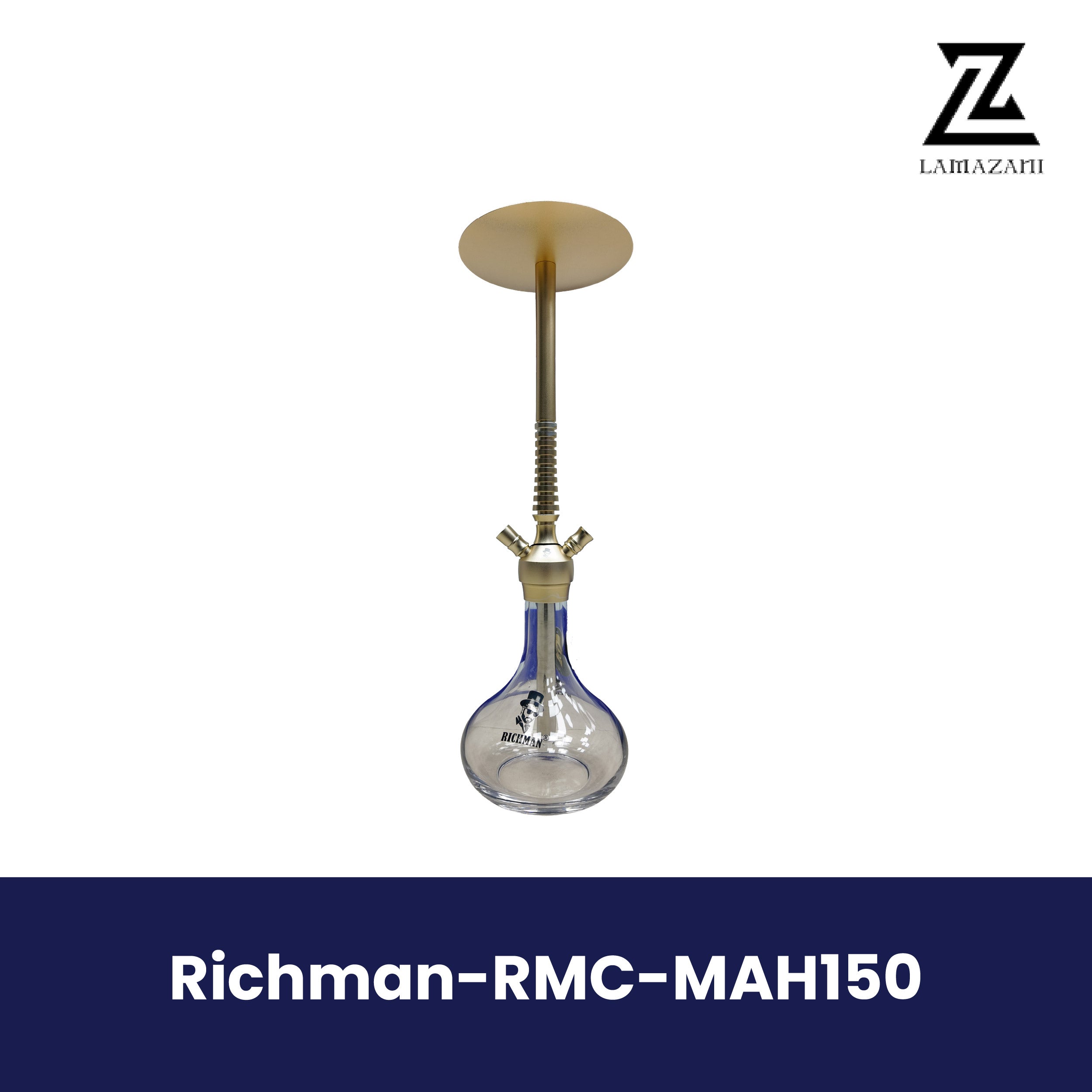 Gold Richman-RMC-MAH150 hookah with a smooth metallic stem and clear glass base, featured on a Lamazani branded product image.