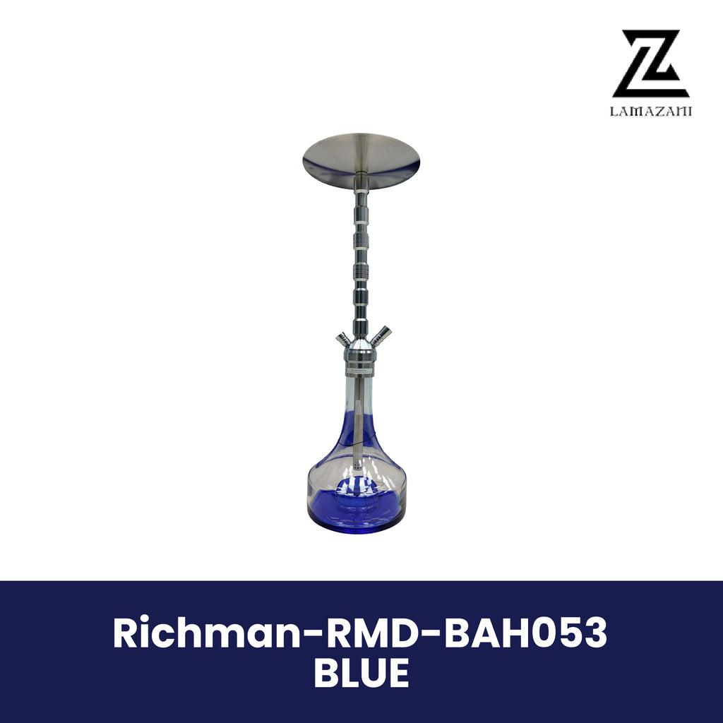 Richman stainless steel hookah with a clear-and-blue glass base, featured on a branded product image.