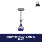 Richman stainless steel hookah with a clear-and-blue glass base, featured on a branded product image.