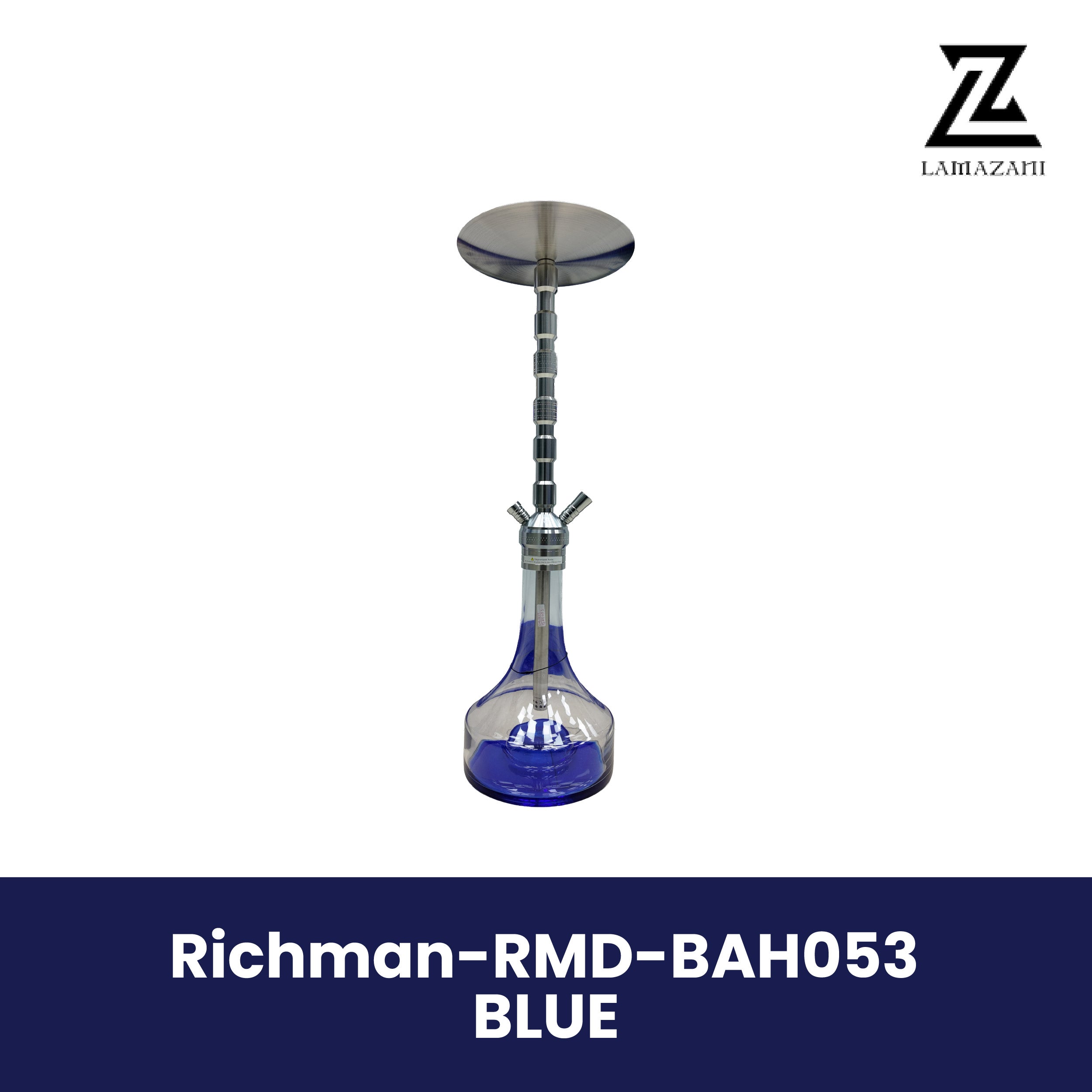 Richman stainless steel hookah with a clear-and-blue glass base, featured on a branded product image.