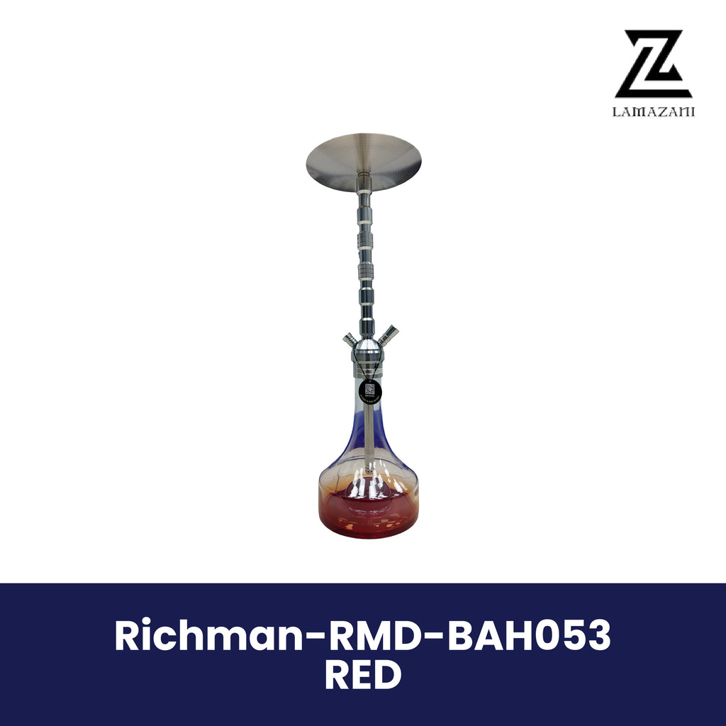 Richman stainless steel hookah with a clear-and-red glass base, featured on a branded product image.