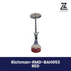 Richman stainless steel hookah with a clear-and-red glass base, featured on a branded product image.