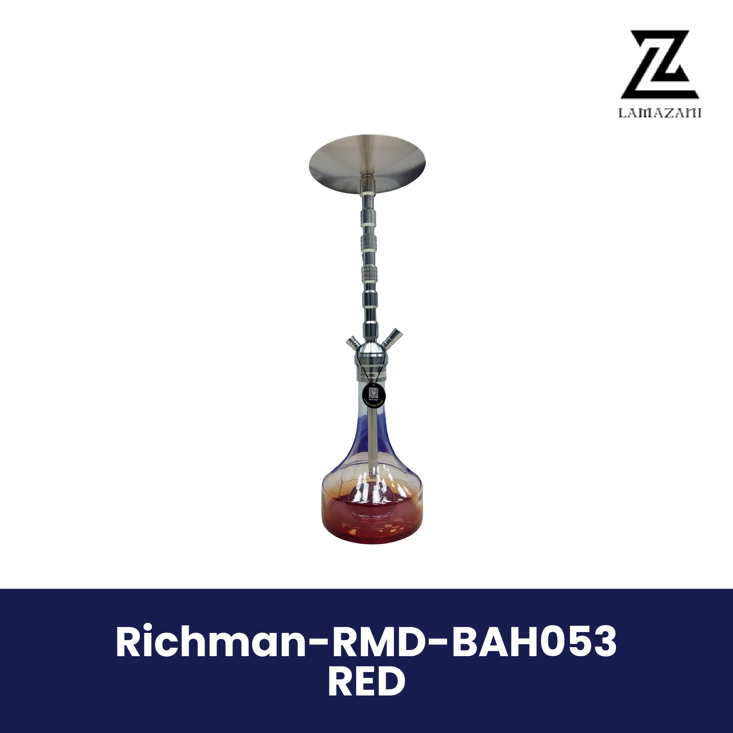 Richman stainless steel hookah with a clear-and-red glass base, featured on a branded product image.